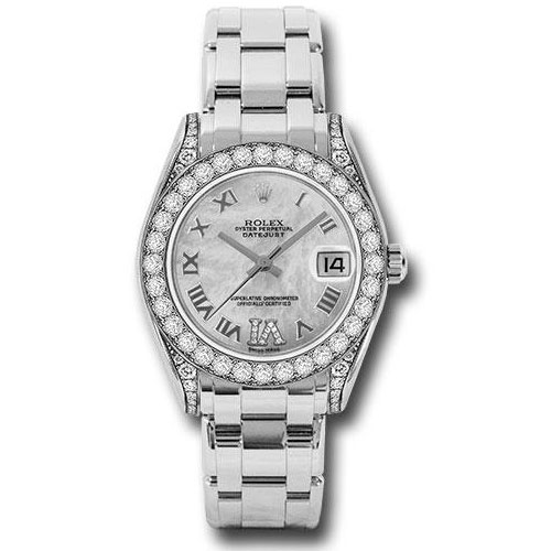 Rolex White Gold Datejust Pearlmaster 34 Watch - 34 Diamond Bezel - White Mother-Of-Pearl Roman Dial - 81159 mdr