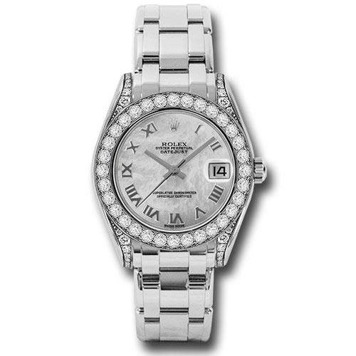 Rolex White Gold Datejust Pearlmaster 34 Watch - 34 Diamond Bezel - White Mother-Of-Pearl Roman Dial - 81159 mr