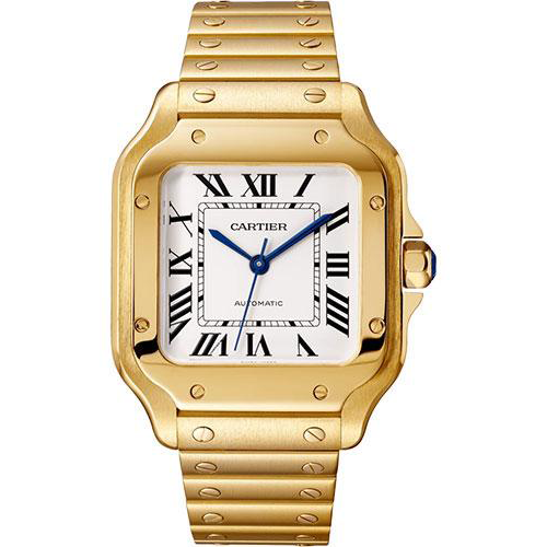 Cartier Santos de Cartier Watch - 35.1 mm Yellow Gold Case - Silvered Opaline Dial - Alligator Skin Bracelet - WGSA0030