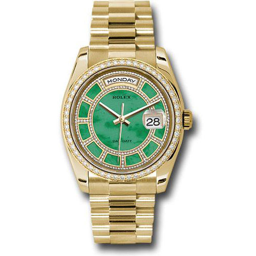 Rolex Yellow Gold Day-Date 36 Watch -  Bezel - Carousel Of Green Jade Diamond Dial - President Bracelet - 118348 cgjdp