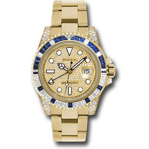 Rolex Yellow Gold GMT-Master II 40 Watch - Diamond And Blue Sapphire Bezel - Pave Diamond Dial - Oyster Bracelet - 116758SA pave