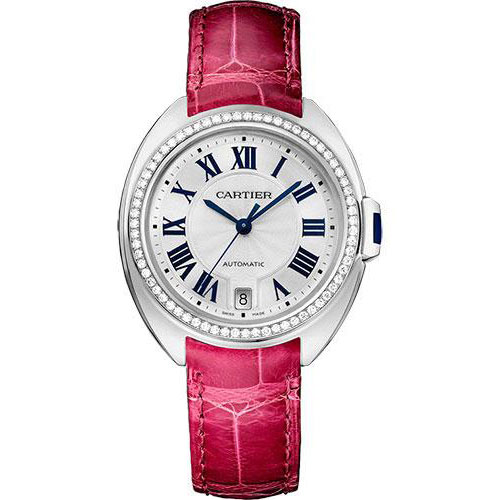 Cartier Cle De Cartier Watch - 35 mm White Gold Diamond Case - Diamond Bezel - Silver Dial - Fuchsia Pink Alligator Strap - WJCL0014