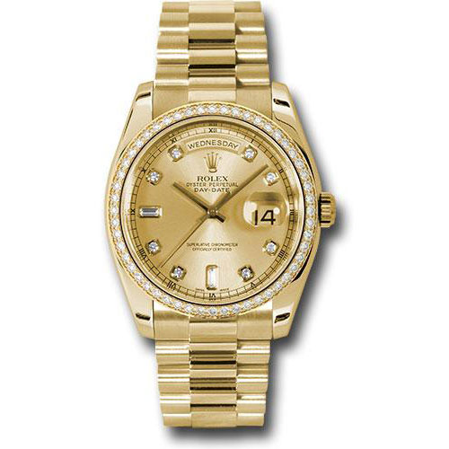 Rolex Yellow Gold Day-Date 36 Watch -  Bezel - Champagne Diamond Dial - President Bracelet - 118348 chd