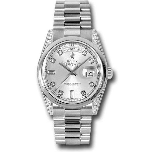 Rolex Platinum Day-Date 36 Watch - Domed Bezel - Silver Diamond Dial - President Bracelet - 118296 sdp