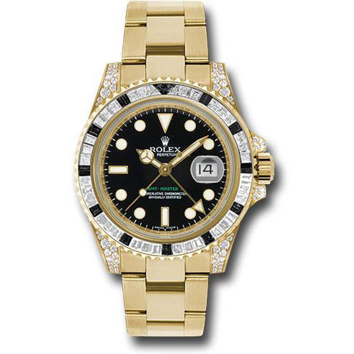 Rolex Yellow Gold GMT-Master II 40 Watch - Diamond And Black Sapphire Bezel - Black Dial - Oyster Bracelet - 116758SANR
