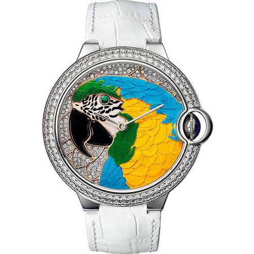 Cartier Cartier D'Art Ballon Bleu Limited Edition of 20 Watch - 42 mm White Gold Case - Parrot Motif Diamond Dial - White Alligator Strap - HPI00769
