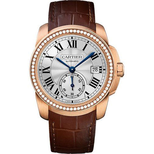 Cartier Calibre de Cartier Watch - 38 mm Pink Gold Case - Diamond Bezel - Silvered Dial - Dark Brown Alligator Strap - WF100013