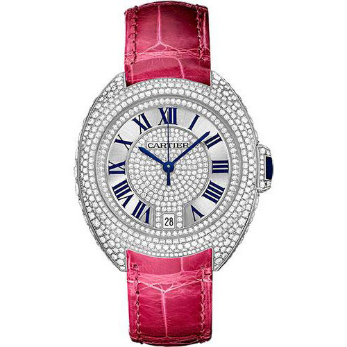 Cartier Cle De Cartier Watch - 35 mm White Gold Diamond Case - Diamond Bezel - Silver Diamond Dial - Fuchsia Pink Alligator Strap - WJCL0018