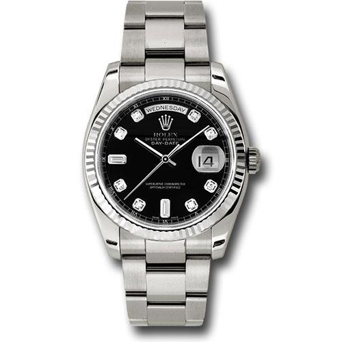 Rolex White Gold Day-Date 36 Watch - Fluted Bezel - Black Diamond Dial - Oyster Bracelet - 118239 bkdo