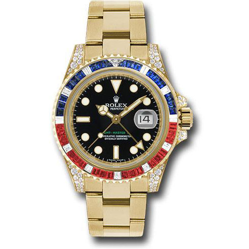 Rolex Yellow Gold GMT-Master II 40 Watch - Sapphire Ruby Diamond Bezel - Black Dial - Oyster Bracelet - 116758SARU