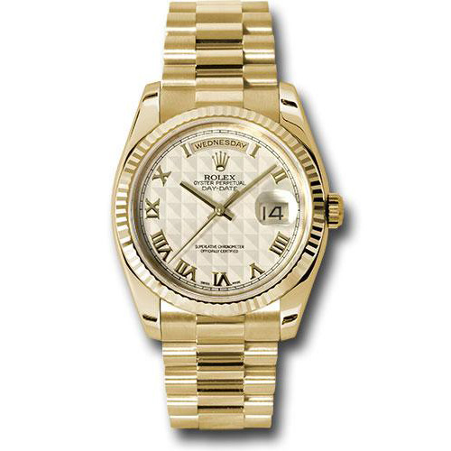 Rolex Yellow Gold Day-Date 36 Watch - Fluted Bezel - Ivory Pyramid Roman Dial - President Bracelet - 118238 iprp
