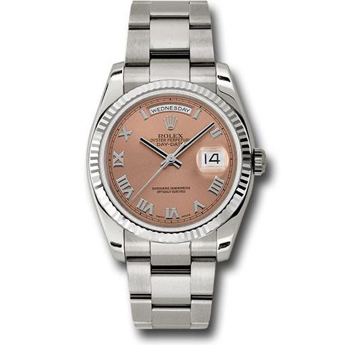 Rolex White Gold Day-Date 36 Watch - Fluted Bezel - Copper Roman Dial - Oyster Bracelet - 118239 cro