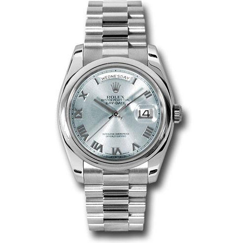 Rolex Platinum Day-Date 36 Watch - Domed Bezel - Glacier Blue Roman Dial - President Bracelet - 118206 glarp