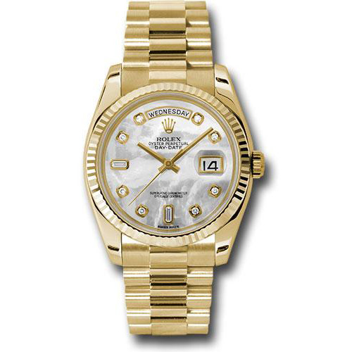Rolex Yellow Gold Day-Date 36 Watch - Fluted Bezel - Mother-Of-Pearl Diamond Dial - President Bracelet - 118238 mdp
