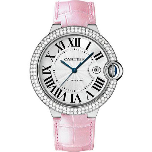 Cartier Ballon Bleu de Cartier Watch - 42 mm White Gold Diamond Case - White Dial - Pink Alligator Strap - WJBB0032