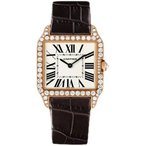 Cartier Santos-Dumont Watch - Small Pink Gold Diamond Case - Silver Dial - Alligator Strap - WH100351