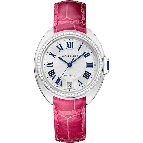 Cartier Cle de Cartier Watch - 35 mm White Gold Diamond Case - White Dial - Fuchsia Pink Alligator Strap - WJCL0049