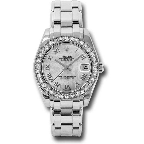 Rolex White Gold Datejust Pearlmaster 34 Watch - 34 Diamond Bezel - White Mother-Of-Pearl Roman Dial - 81299 mr