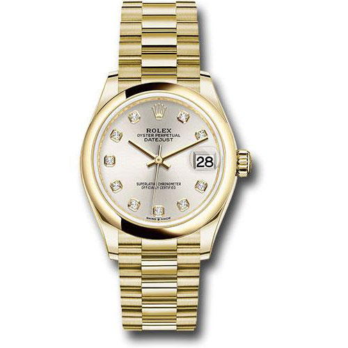 Rolex Yellow Gold Datejust 31 Watch - Domed Bezel - Silver Diamond Dial - President Bracelet - 278248 sdp