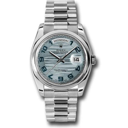 Rolex Platinum Day-Date 36 Watch - Domed Bezel - Ice Blue Wave Arabic Dial - President Bracelet - 118206 glawap
