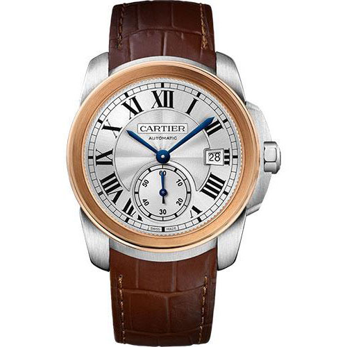 Cartier Calibre de Cartier Watch - 38 mm Steel Case - Pink Gold Bezel - Silvered Dial - Dark Brown Alligator Strap - W2CA0002