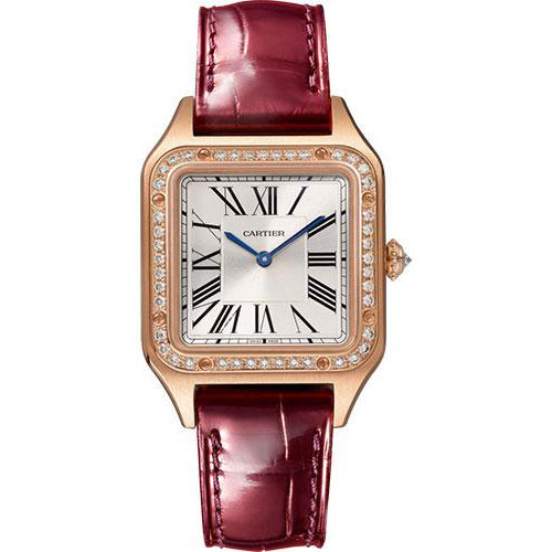 Cartier Santos-Dumont Watch - 38 mm x 27.5 mm Pink Gold Case - Silver Satin-Brushed Dial - Burgundy Leather Strap - WJSA0017