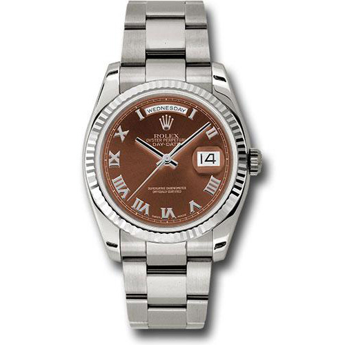 Rolex White Gold Day-Date 36 Watch - Fluted Bezel - Havana Brown Roman Dial - Oyster Bracelet - 118239 hbro