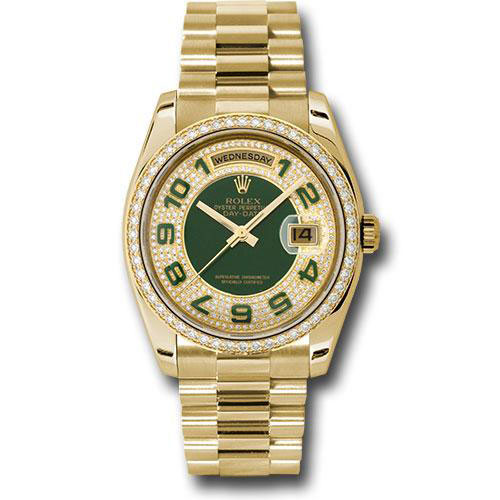 Rolex Yellow Gold Day-Date 36 Watch -  Bezel - Pave Edge Green Dial - President Bracelet - 118348 pgap