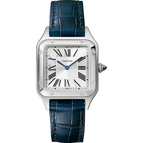 Cartier Santos-Dumont Watch - 38 mm Steel Case - Silver Dial - Navy Blue Strap - WSSA0023