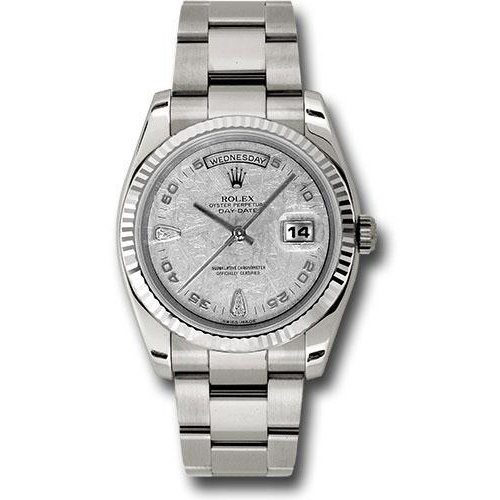 Rolex White Gold Day-Date 36 Watch - Fluted Bezel - Meteorite Diamond Dial - Oyster Bracelet - 118239 mtado
