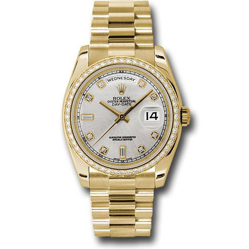 Rolex Yellow Gold Day-Date 36 Watch -  Bezel - Silver Diamond Dial - President Bracelet - 118348 sdp