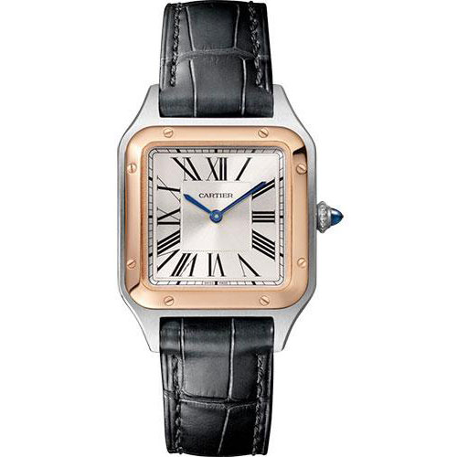 Cartier Santos-Dumont Watch - 38 mm Pink Gold And Steel Case - Silver Dial - Black Strap - W2SA0012