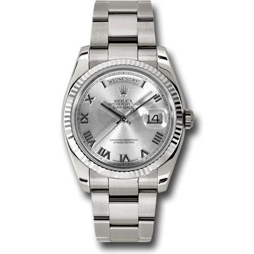Rolex White Gold Day-Date 36 Watch - Fluted Bezel - Rhodium Roman Dial - Oyster Bracelet - 118239 rro