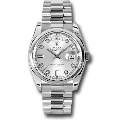 Rolex Platinum Day-Date 36 Watch - Domed Bezel - Silver Diamond Dial - President Bracelet - 118206 sdp