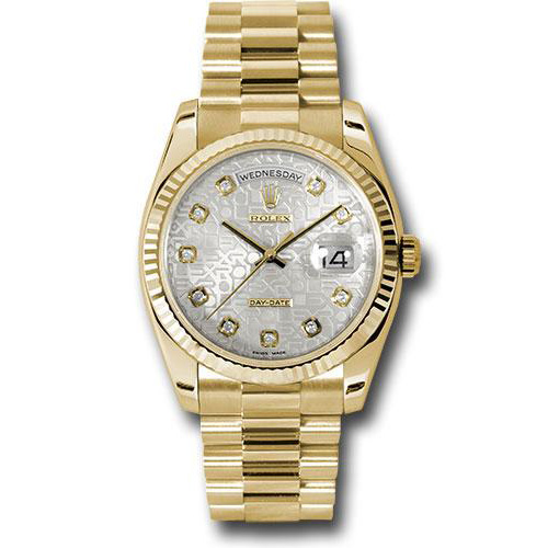 Rolex Yellow Gold Day-Date 36 Watch - Fluted Bezel - Silver Jubilee Diamond Dial - President Bracelet - 118238 sjdp