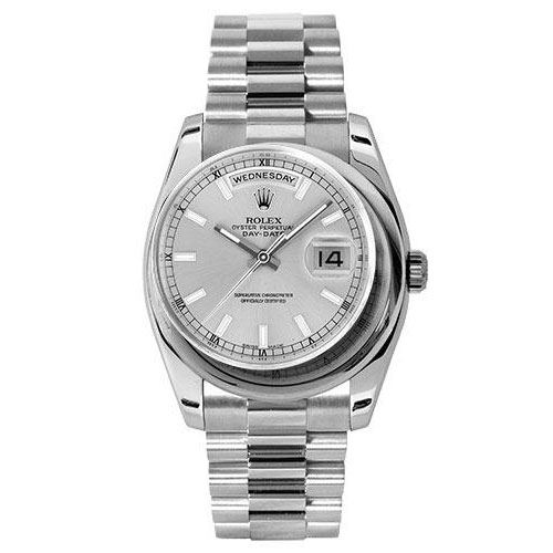 Rolex Platinum Day-Date 36 Watch - Domed Bezel - Silver Index Dial - President Bracelet - 118206 sip