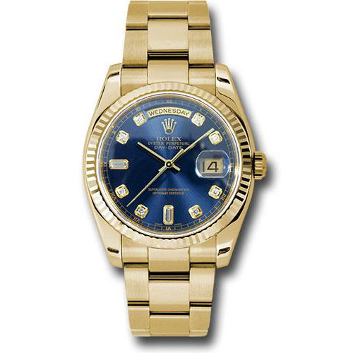 Rolex Yellow Gold Day-Date 36 Watch - Fluted Bezel - Blue Diamond Dial - Oyster Bracelet - 118238 bdo