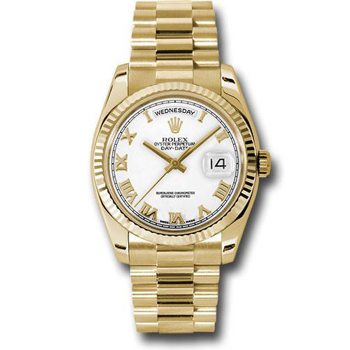 Rolex Yellow Gold Day-Date 36 Watch - Fluted Bezel - White Roman Dial - President Bracelet - 118238 wrp