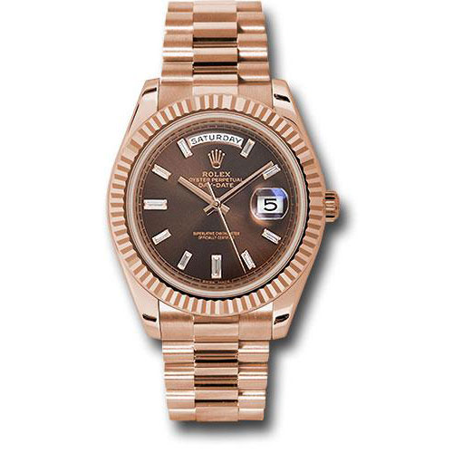 Rolex Everose Gold Day-Date 40 Watch - Fluted Bezel - Chocolate Baguette Diamond Dial - President Bracelet - 228235 chbdp