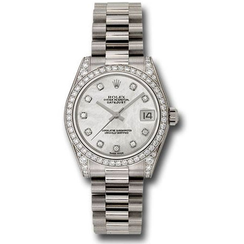 Rolex White Gold Datejust 31 Watch - 48 Diamond Bezel - Mother-Of-Pearl Diamond Dial - President Bracelet - 178159 mdp
