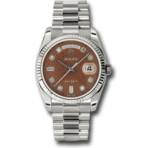 Rolex White Gold Day-Date 36 Watch - Fluted Bezel - Havana Brown Diamond Dial - President Bracelet - 118239 hbjdp