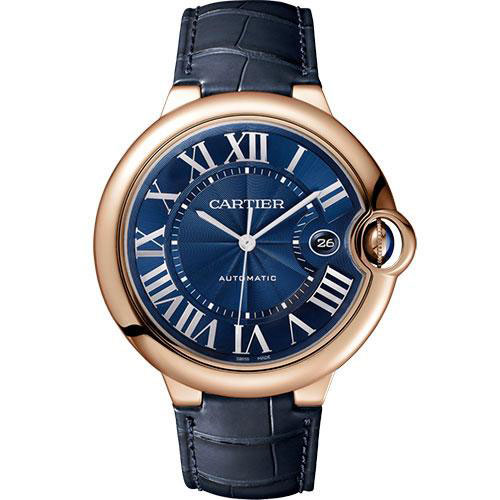 Cartier Ballon Bleu de Cartier Watch - 42 mm Pink Gold Case - Blue Dial - Navy Blue Leather Strap - WGBB0036