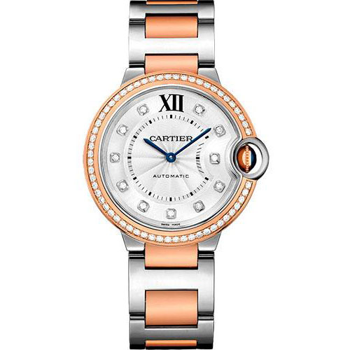 Cartier Ballon Bleu de Cartier Watch - 36 mm Steel Case - Pink Gold Diamond Bezel - Diamond Dial - Steel And Pink Gold Bracelet - WE902078