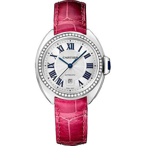 Cartier Cle De Cartier Diamond Paved Watch - 31 mm White Gold Diamond Case - Diamond Bezel - Silver Dial - Fuchsia Pink Alligator Strap - WJCL0017