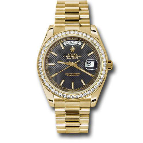 Rolex Yellow Gold Day-Date 40 Watch -  Bezel - Black Diagonal Motif Index Dial - President Bracelet - 228348RBR bkdmip