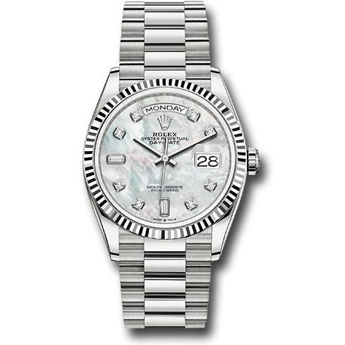 Rolex White Gold Day-Date 36 Watch - Fluted Bezel - Mother-of-Pearl Diamond Dial - President Bracelet - 128239 mdp