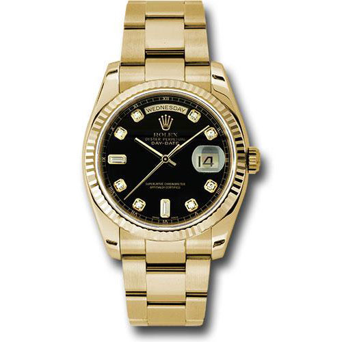Rolex Yellow Gold Day-Date 36 Watch - Fluted Bezel - Black Diamond Dial - Oyster Bracelet - 118238 bkdo