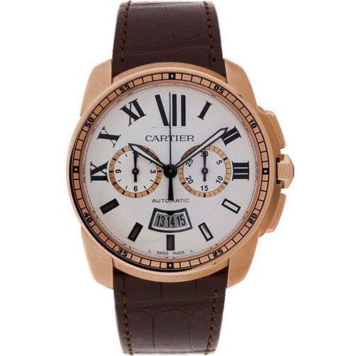 Cartier Calibre de Cartier Chronograph Watch - 42 mm Pink Gold Case - Silver Dial - Brown Alligator Strap - W7100044