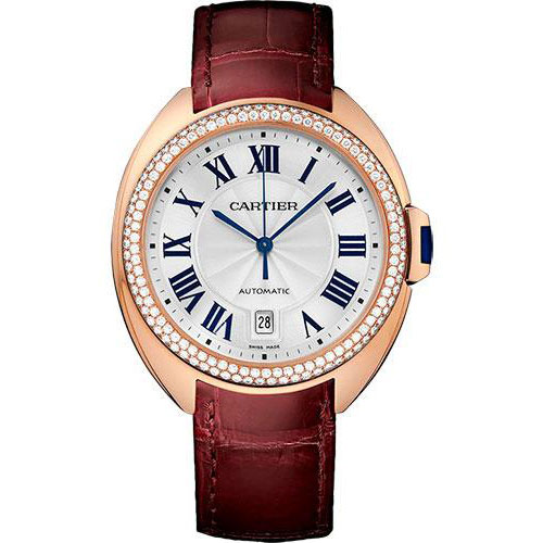 Cartier Cle De Cartier Watch - 40 mm Pink Gold Diamond Case - Diamond Bezel - Silver Dial - Bordeaux Alligator Strap - WJCL0012