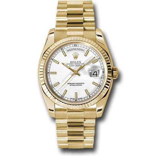 Rolex Yellow Gold Day-Date 36 Watch - Fluted Bezel - White Index Dial - President Bracelet - 118238 wsp